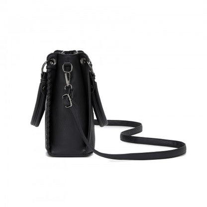 HBM2509 - Miss Lulu Textured PU Leather Crossbody Handbag with Woven Accents for Women - Black
