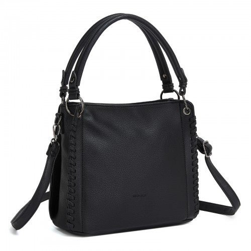 HBM2509 - Miss Lulu Textured PU Leather Crossbody Handbag with Woven Accents for Women - Black
