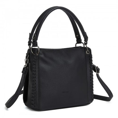 HBM2509 - Miss Lulu Textured PU Leather Crossbody Handbag with Woven Accents for Women - Black