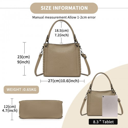 HBM2509 - Miss Lulu Textured PU Leather Crossbody Handbag with Woven Accents for Women - Khaki