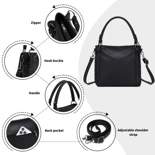 HBM2509 - Miss Lulu Textured PU Leather Crossbody Handbag with Woven Accents for Women - Black