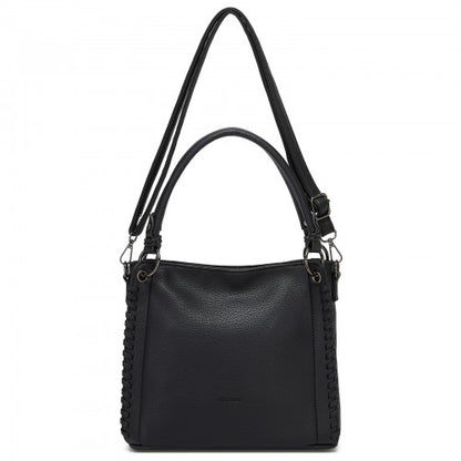 HBM2509 - Miss Lulu Textured PU Leather Crossbody Handbag with Woven Accents for Women - Black