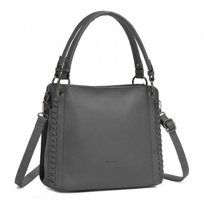 HBM2509 - Miss Lulu Textured PU Leather Crossbody Handbag with Woven Accents for Women - Grey
