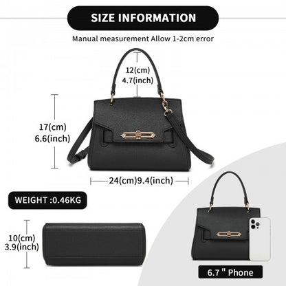 HBM2511 - Miss Lulu Elegant Structured PU Top-Handle Mini Satchel–Twist-Lock Flap and Detachable Handle - Black