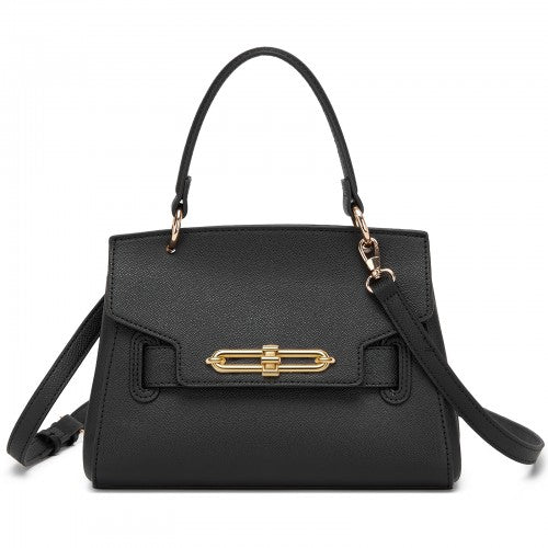 HBM2511 - Miss Lulu Elegant Structured PU Top-Handle Mini Satchel–Twist-Lock Flap and Detachable Handle - Black