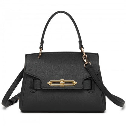 HBM2511 - Miss Lulu Elegant Structured PU Top-Handle Mini Satchel–Twist-Lock Flap and Detachable Handle - Black