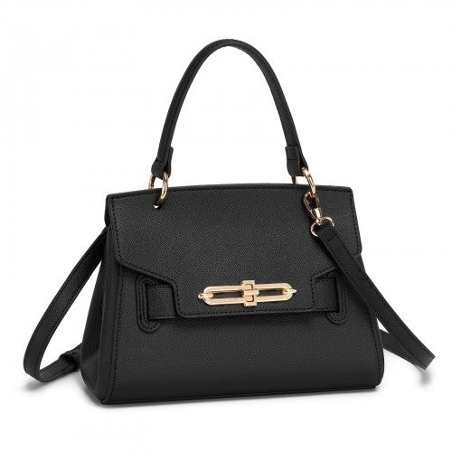 HBM2511 - Miss Lulu Elegant Structured PU Top-Handle Mini Satchel–Twist-Lock Flap and Detachable Handle - Black