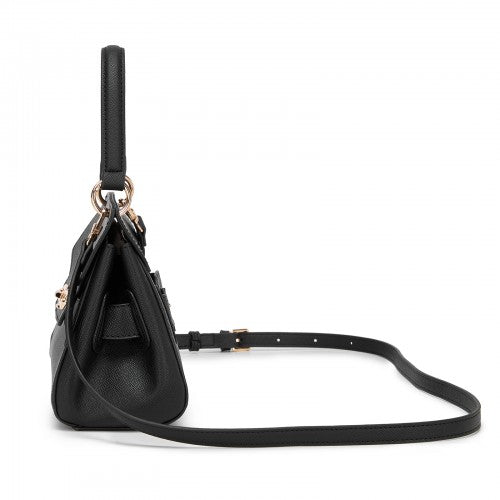 HBM2511 - Miss Lulu Elegant Structured PU Top-Handle Mini Satchel–Twist-Lock Flap and Detachable Handle - Black