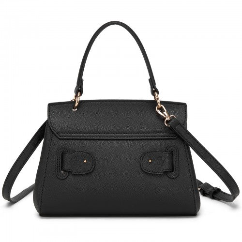 HBM2511 - Miss Lulu Elegant Structured PU Top-Handle Mini Satchel–Twist-Lock Flap and Detachable Handle - Black