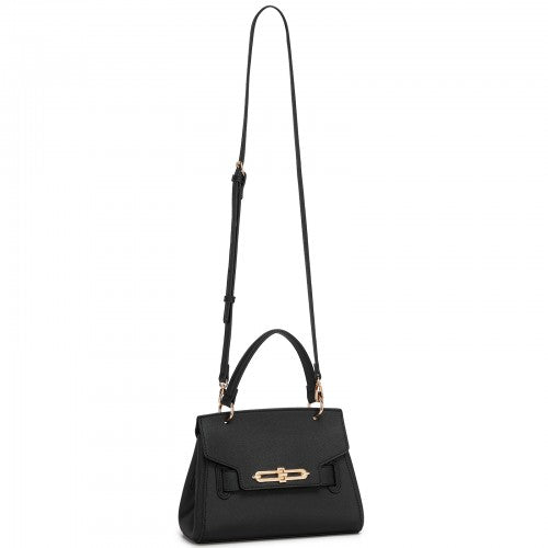 HBM2511 - Miss Lulu Elegant Structured PU Top-Handle Mini Satchel–Twist-Lock Flap and Detachable Handle - Black
