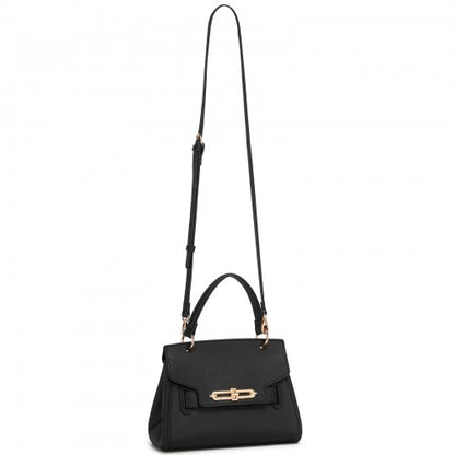 HBM2511 - Miss Lulu Elegant Structured PU Top-Handle Mini Satchel–Twist-Lock Flap and Detachable Handle - Black