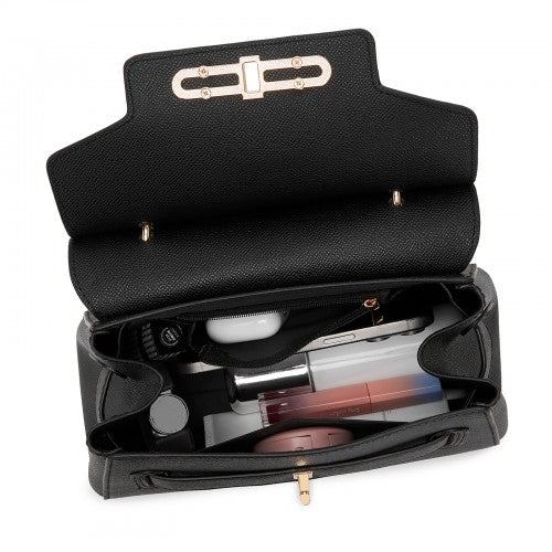HBM2511 - Miss Lulu Elegant Structured PU Top-Handle Mini Satchel–Twist-Lock Flap and Detachable Handle - Black