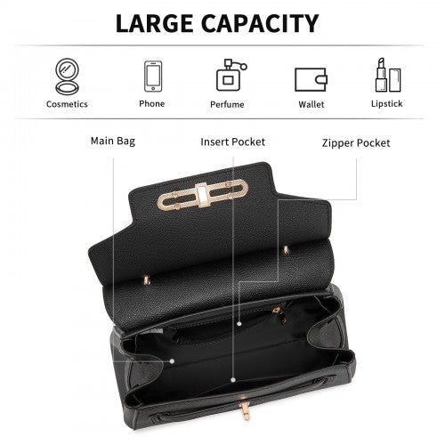 HBM2511 - Miss Lulu Elegant Structured PU Top-Handle Mini Satchel–Twist-Lock Flap and Detachable Handle - Black