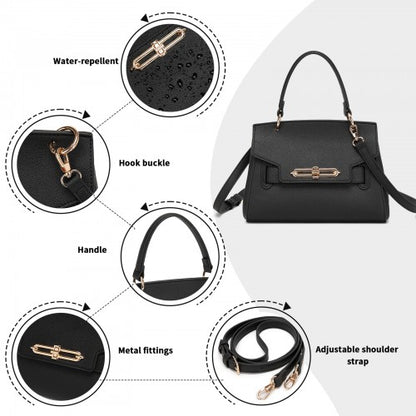 HBM2511 - Miss Lulu Elegant Structured PU Top-Handle Mini Satchel–Twist-Lock Flap and Detachable Handle - Black