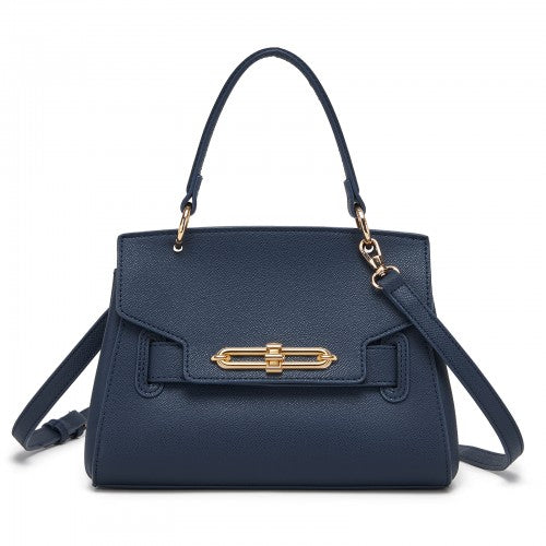 HBM2511 - Miss Lulu Elegant Structured PU Top-Handle Mini Satchel–Twist-Lock Flap and Detachable Handle - Navy