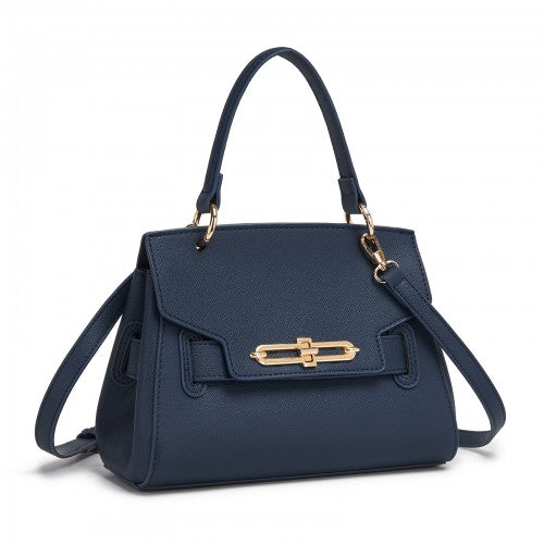 HBM2511 - Miss Lulu Elegant Structured PU Top-Handle Mini Satchel–Twist-Lock Flap and Detachable Handle - Navy