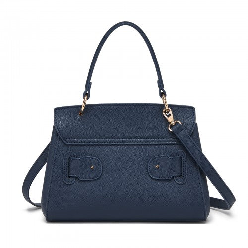 HBM2511 - Miss Lulu Elegant Structured PU Top-Handle Mini Satchel–Twist-Lock Flap and Detachable Handle - Navy