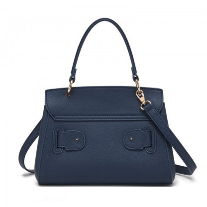 HBM2511 - Miss Lulu Elegant Structured PU Top-Handle Mini Satchel–Twist-Lock Flap and Detachable Handle - Navy