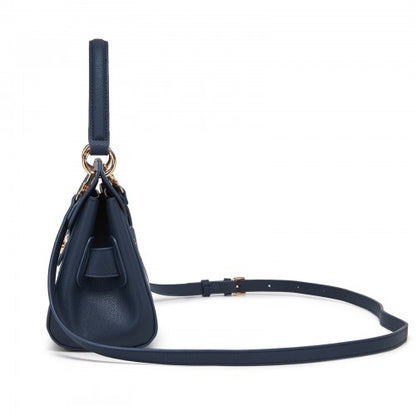 HBM2511 - Miss Lulu Elegant Structured PU Top-Handle Mini Satchel–Twist-Lock Flap and Detachable Handle - Navy