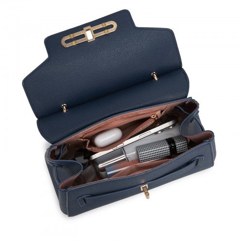 HBM2511 - Miss Lulu Elegant Structured PU Top-Handle Mini Satchel–Twist-Lock Flap and Detachable Handle - Navy