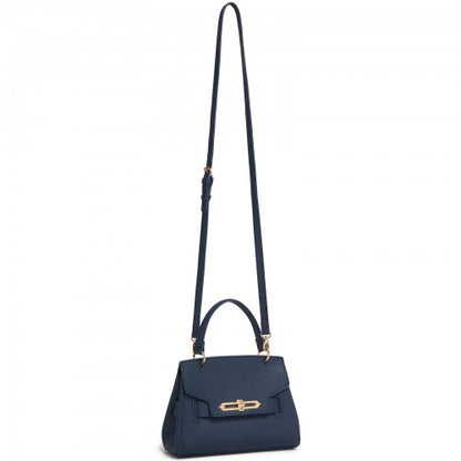 HBM2511 - Miss Lulu Elegant Structured PU Top-Handle Mini Satchel–Twist-Lock Flap and Detachable Handle - Navy