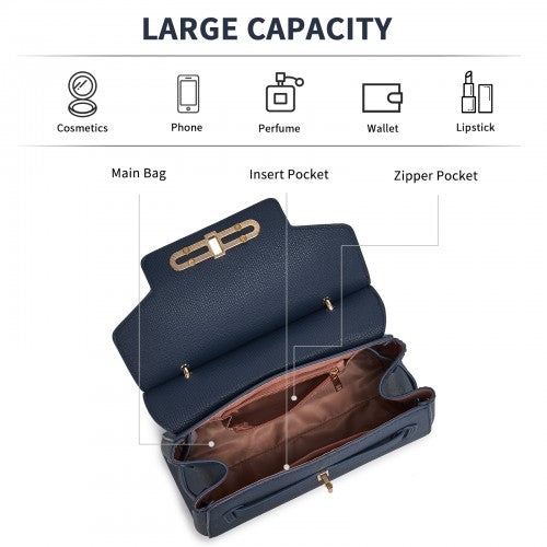 HBM2511 - Miss Lulu Elegant Structured PU Top-Handle Mini Satchel–Twist-Lock Flap and Detachable Handle - Navy