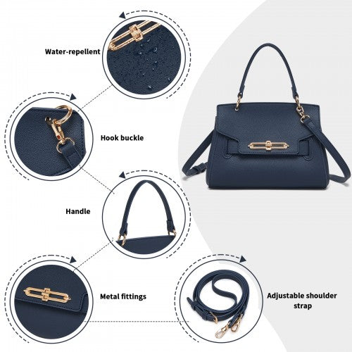 HBM2511 - Miss Lulu Elegant Structured PU Top-Handle Mini Satchel–Twist-Lock Flap and Detachable Handle - Navy