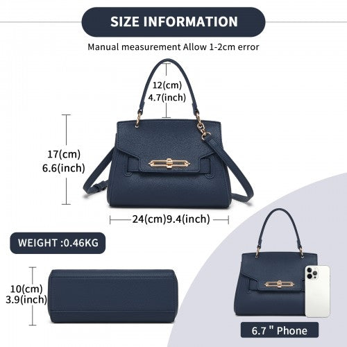 HBM2511 - Miss Lulu Elegant Structured PU Top-Handle Mini Satchel–Twist-Lock Flap and Detachable Handle - Navy