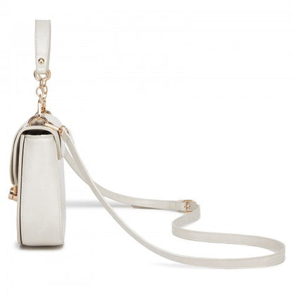 HBM2514 - Miss Lulu Stylish PU Saddle Bag with Chain-Accent Top Handle & Adjustable Strap - Beige