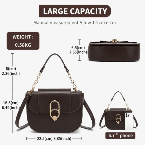 HBM2514 - Miss Lulu Stylish PU Saddle Bag with Chain-Accent Top Handle & Adjustable Strap