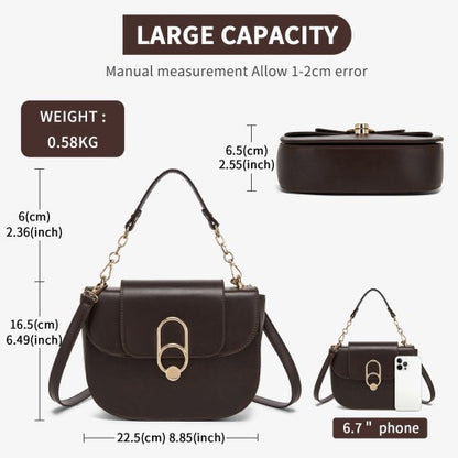 HBM2514 - Miss Lulu Stylish PU Saddle Bag with Chain-Accent Top Handle & Adjustable Strap