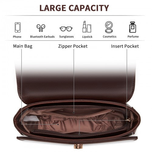 HBM2514 - Miss Lulu Stylish PU Saddle Bag with Chain-Accent Top Handle & Adjustable Strap - Coffee
