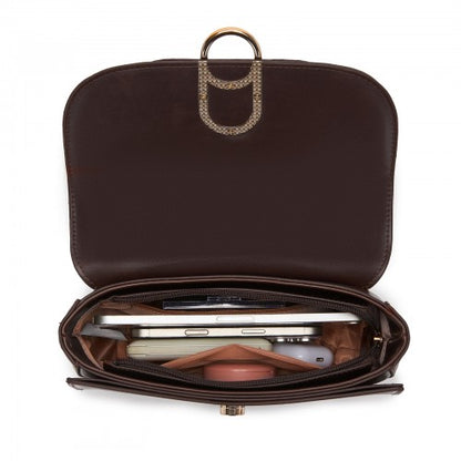HBM2514 - Miss Lulu Stylish PU Saddle Bag with Chain-Accent Top Handle & Adjustable Strap - Coffee