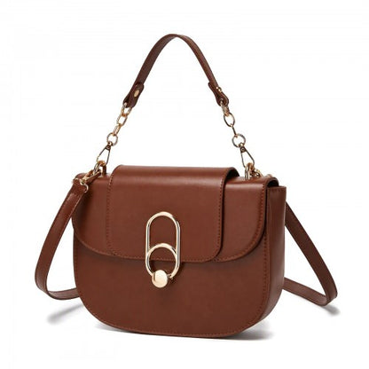 HBM2514 - Miss Lulu Stylish PU Saddle Bag with Chain-Accent Top Handle & Adjustable Strap