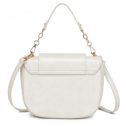 HBM2514 - Miss Lulu Stylish PU Saddle Bag with Chain-Accent Top Handle & Adjustable Strap - Beige