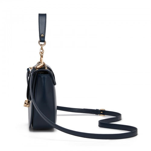 HBM2514 - Miss Lulu Stylish PU Saddle Bag with Chain-Accent Top Handle & Adjustable Strap - Navy
