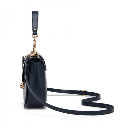 HBM2514 - Miss Lulu Stylish PU Saddle Bag with Chain-Accent Top Handle & Adjustable Strap - Navy