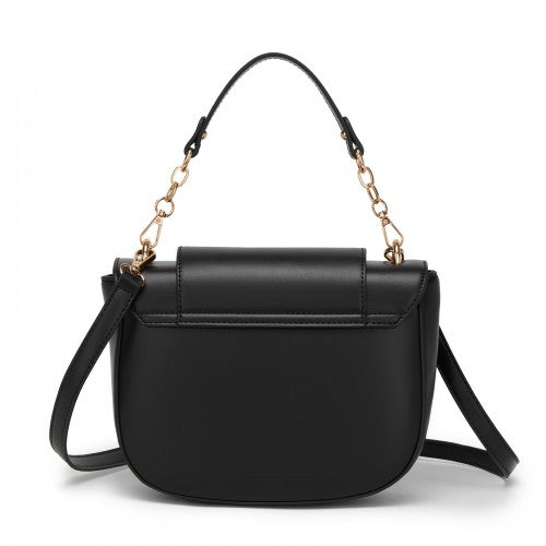 HBM2514 - Miss Lulu Stylish PU Saddle Bag with Chain-Accent Top Handle & Adjustable Strap - Black