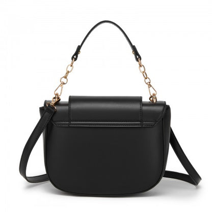 HBM2514 - Miss Lulu Stylish PU Saddle Bag with Chain-Accent Top Handle & Adjustable Strap - Black