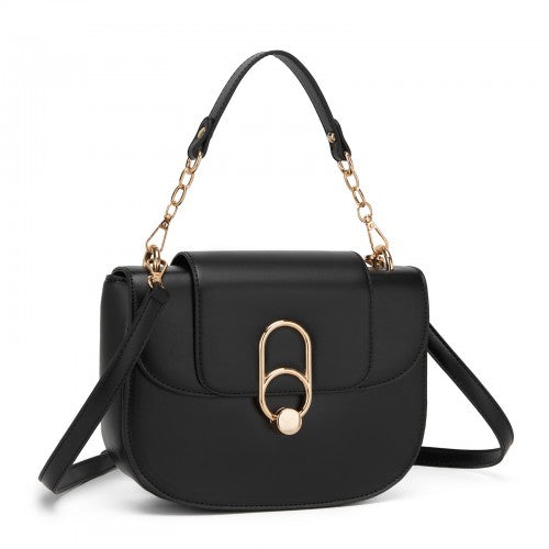 HBM2514 - Miss Lulu Stylish PU Saddle Bag with Chain-Accent Top Handle & Adjustable Strap - Black