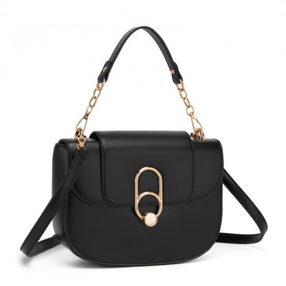 HBM2514 - Miss Lulu Stylish PU Saddle Bag with Chain-Accent Top Handle & Adjustable Strap - Black