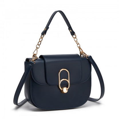 HBM2514 - Miss Lulu Stylish PU Saddle Bag with Chain-Accent Top Handle & Adjustable Strap - Navy