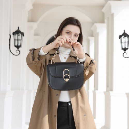HBM2514 - Miss Lulu Stylish PU Saddle Bag with Chain-Accent Top Handle & Adjustable Strap - Black
