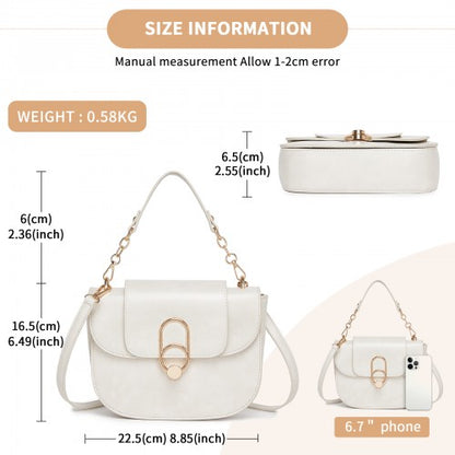 HBM2514 - Miss Lulu Stylish PU Saddle Bag with Chain-Accent Top Handle & Adjustable Strap - Beige
