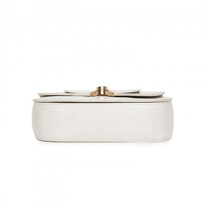 HBM2514 - Miss Lulu Stylish PU Saddle Bag with Chain-Accent Top Handle & Adjustable Strap - Beige