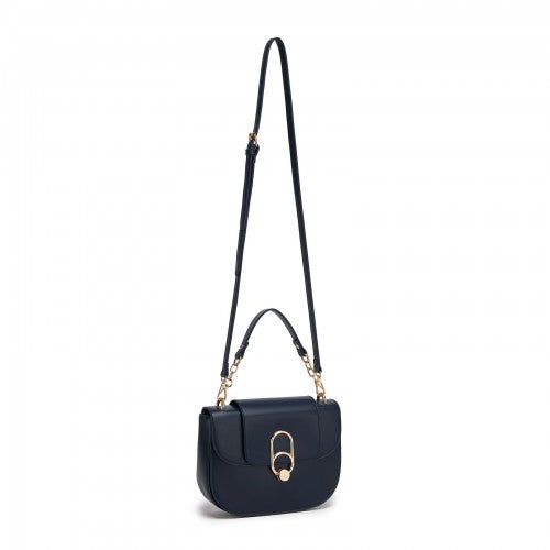HBM2514 - Miss Lulu Stylish PU Saddle Bag with Chain-Accent Top Handle & Adjustable Strap - Navy