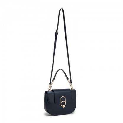 HBM2514 - Miss Lulu Stylish PU Saddle Bag with Chain-Accent Top Handle & Adjustable Strap - Navy