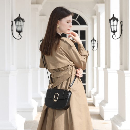 HBM2514 - Miss Lulu Stylish PU Saddle Bag with Chain-Accent Top Handle & Adjustable Strap - Black