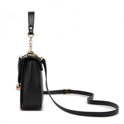 HBM2514 - Miss Lulu Stylish PU Saddle Bag with Chain-Accent Top Handle & Adjustable Strap - Black