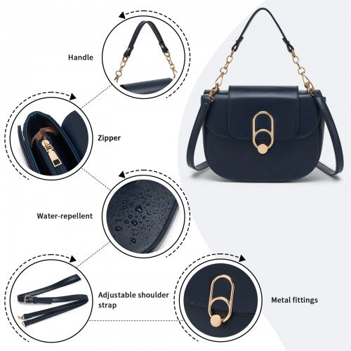 HBM2514 - Miss Lulu Stylish PU Saddle Bag with Chain-Accent Top Handle & Adjustable Strap - Navy